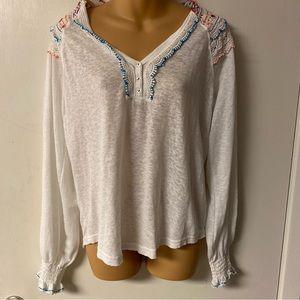 Free People Prairie White Embroidered Boho Peasant Top Womens XS